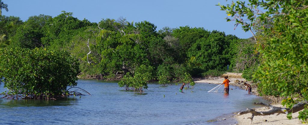 Une maman et ses enfants entrain de pêcher dans la mangrove, Nouvelle Calédonie